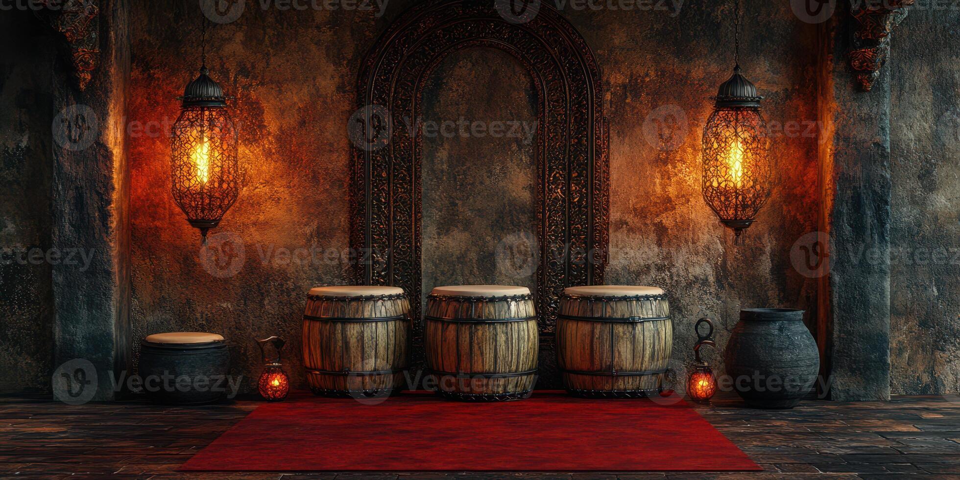 Cozy interior with ornate lanterns and wooden barrels in a warm setting photo