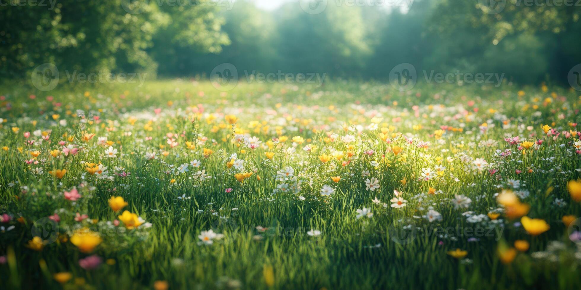 Colorful wildflower meadow in springtime with sunlight filtering through trees photo
