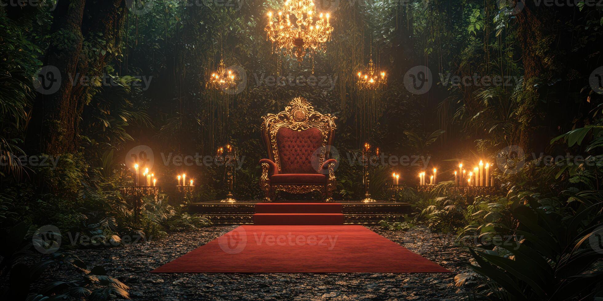 Luxurious throne surrounded by lush jungle and soft candlelight creates an enchanting atmosphere in a mystical setting photo