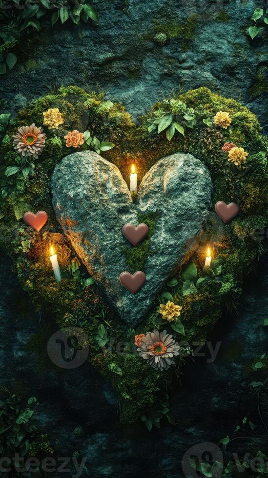Heart-shaped stone surrounded by flowers and candles creates a romantic garden setting at twilight photo