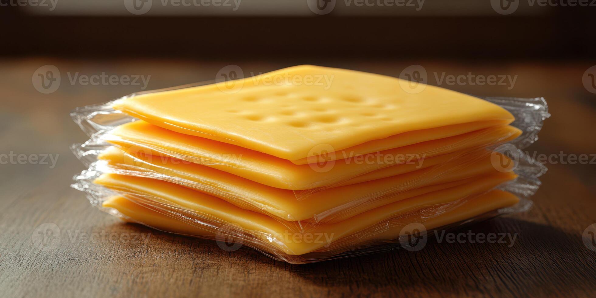 Slices of smooth cheddar cheese stacked neatly on a wooden table in natural light photo