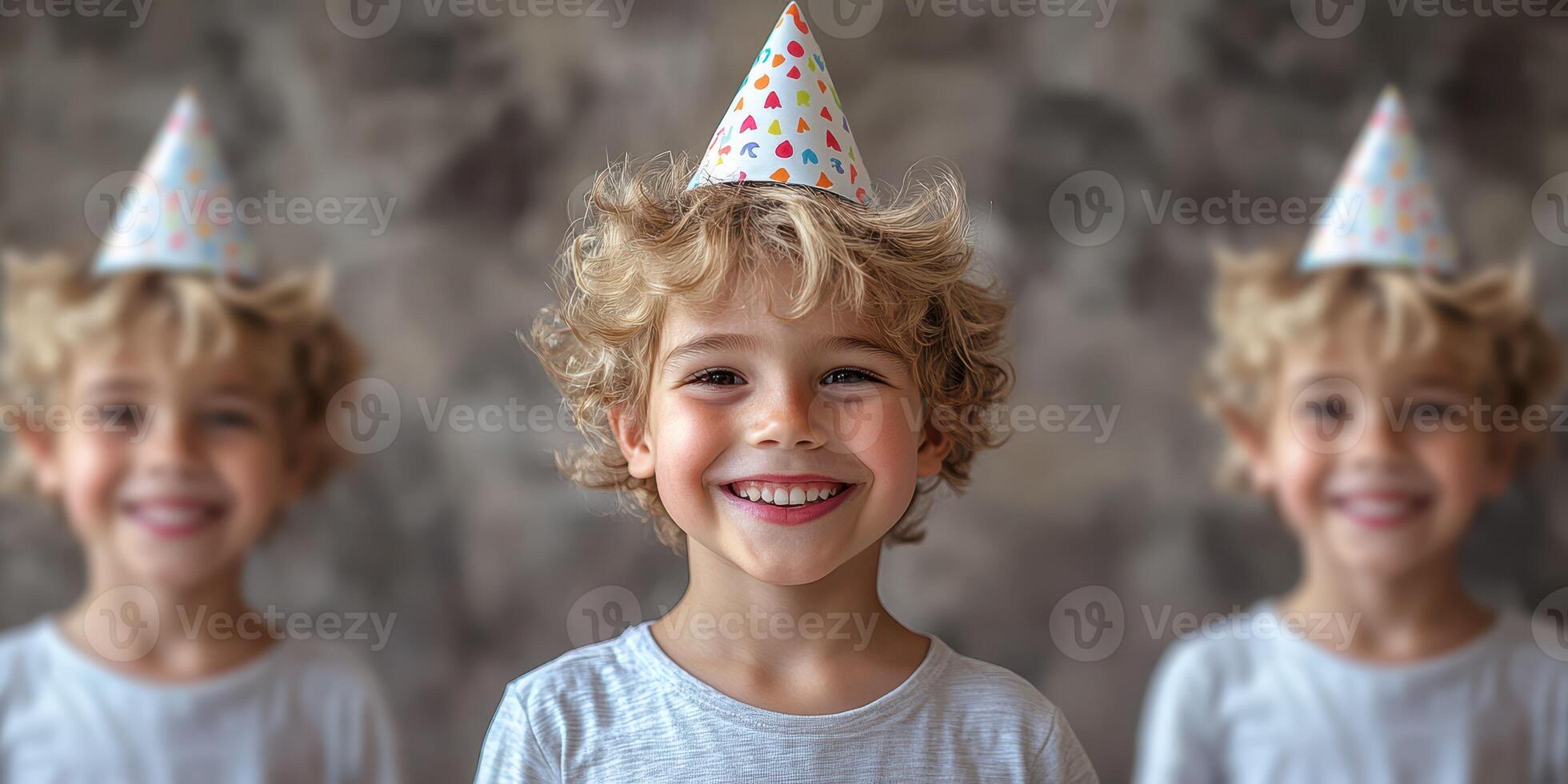 Smiling boy in party hat enjoying a joyous celebration with friends photo