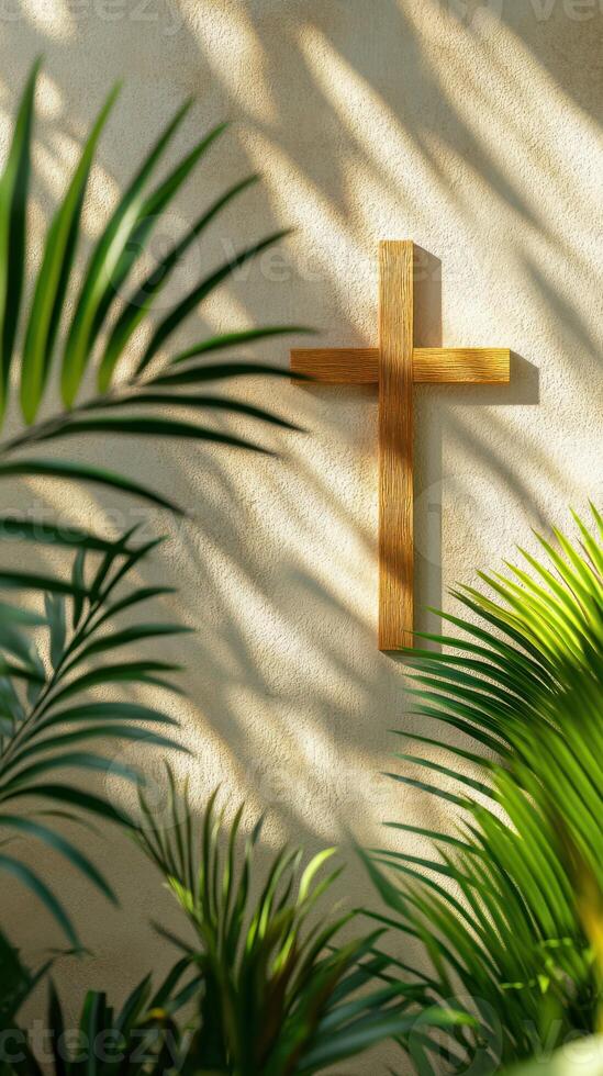 Wooden cross on a textured wall surrounded by green palm plants in soft sunlight photo
