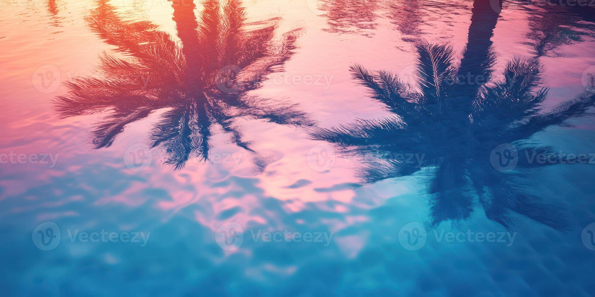 Colorful reflections of palm trees in a tranquil pool at sunset showing vibrant sky hues photo