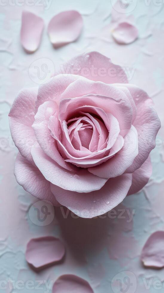 Beautiful pink rose with dew drops resting on a soft background and delicate petals scattered around photo