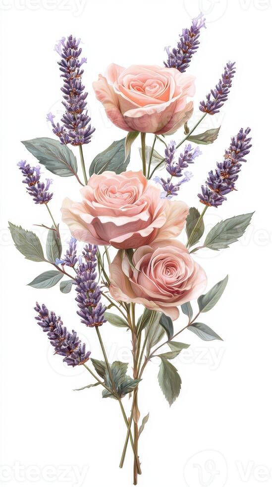Soft pink roses and lavender flowers arranged artistically on a light background for a serene floral display photo