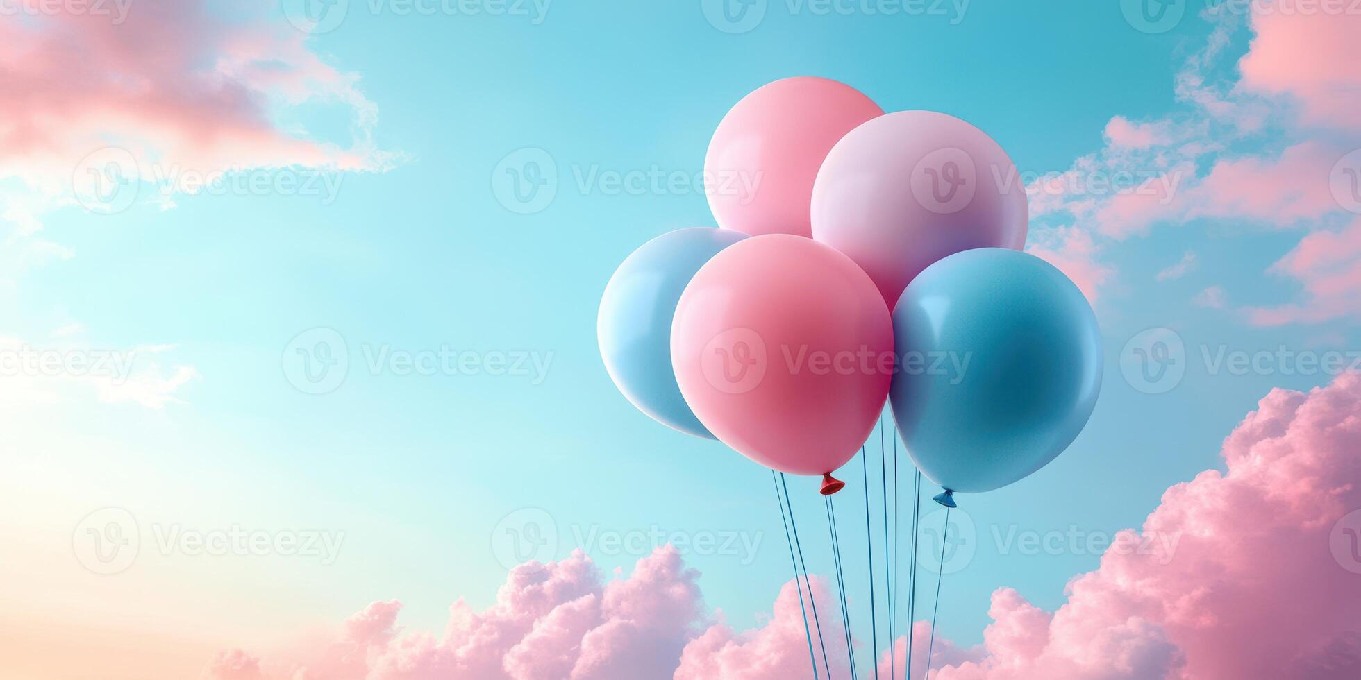 Colorful balloons floating against a pastel sky at sunset with fluffy clouds in the background photo
