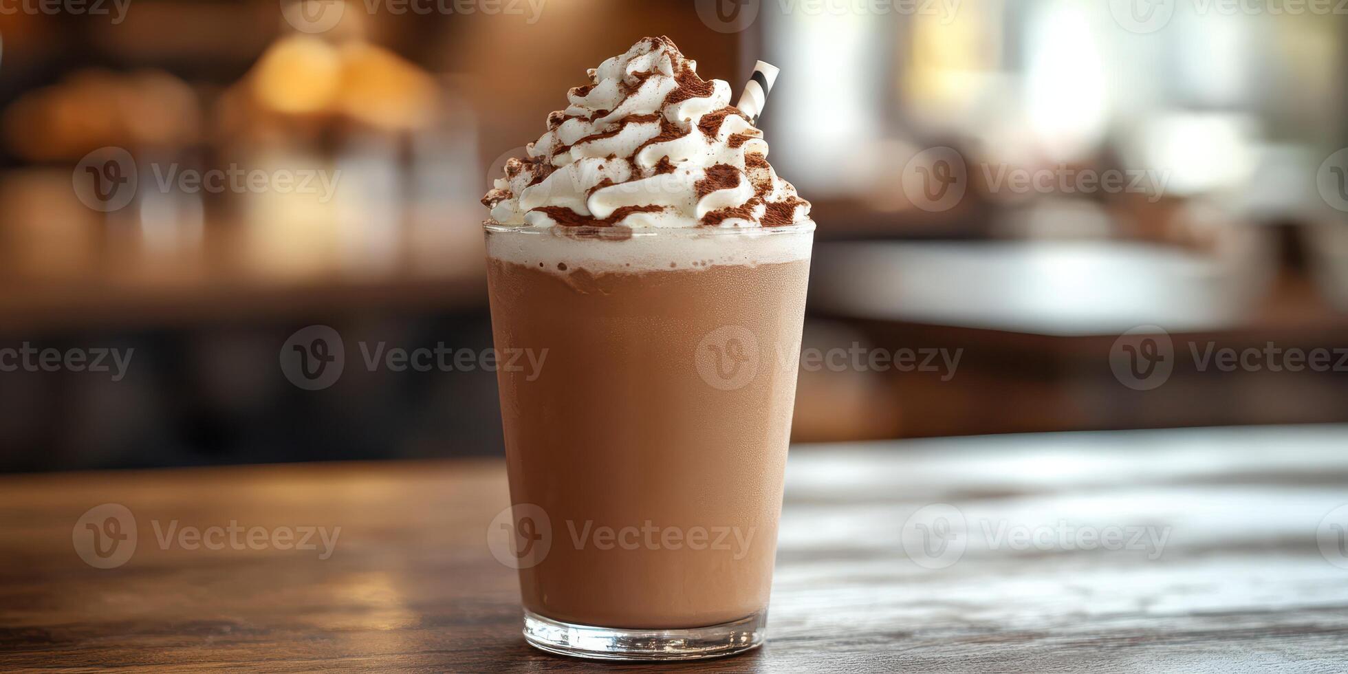 Creamy coffee beverage with whipped topping sits on wooden table in cozy cafe during afternoon photo