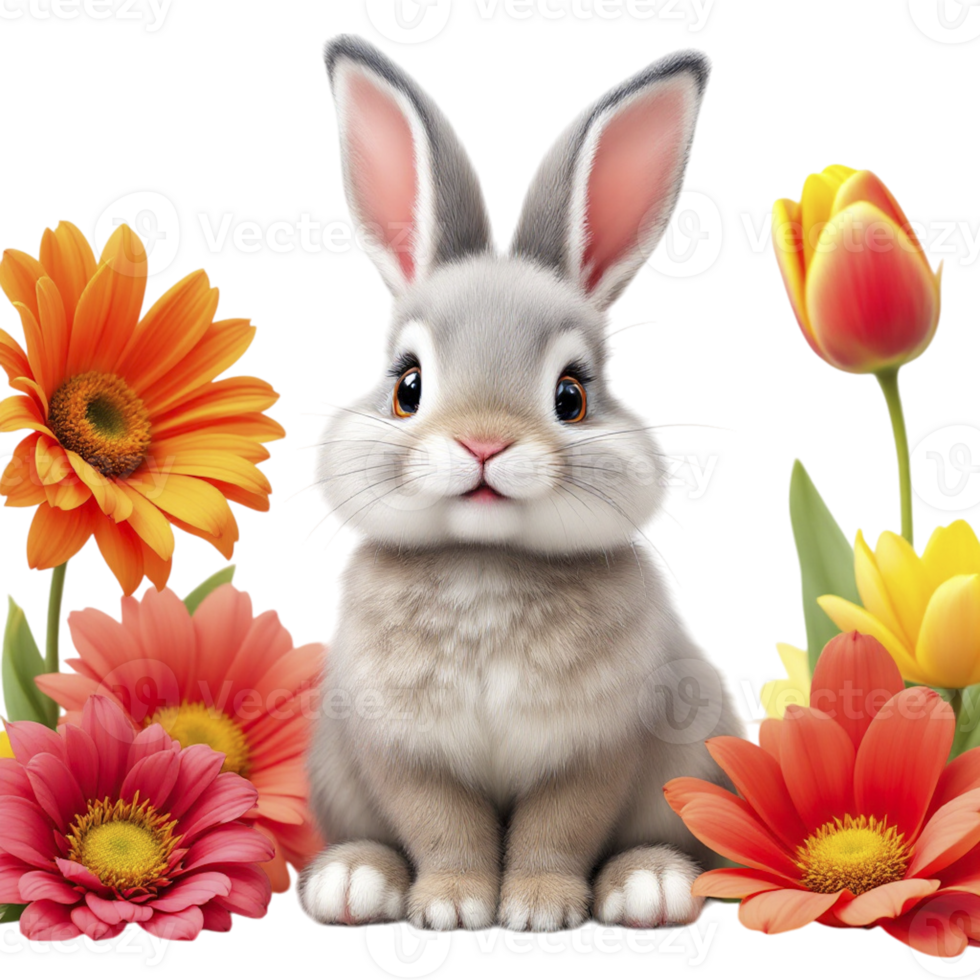 A bunny with flowers and a flower pot png