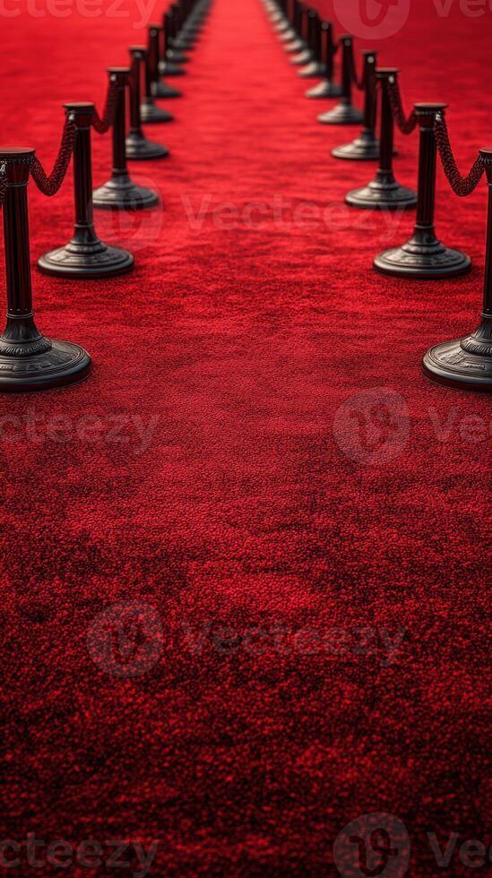 Red carpet walkway leads to an elegant event venue with stanchions and ropes creating a formal atmosphere photo
