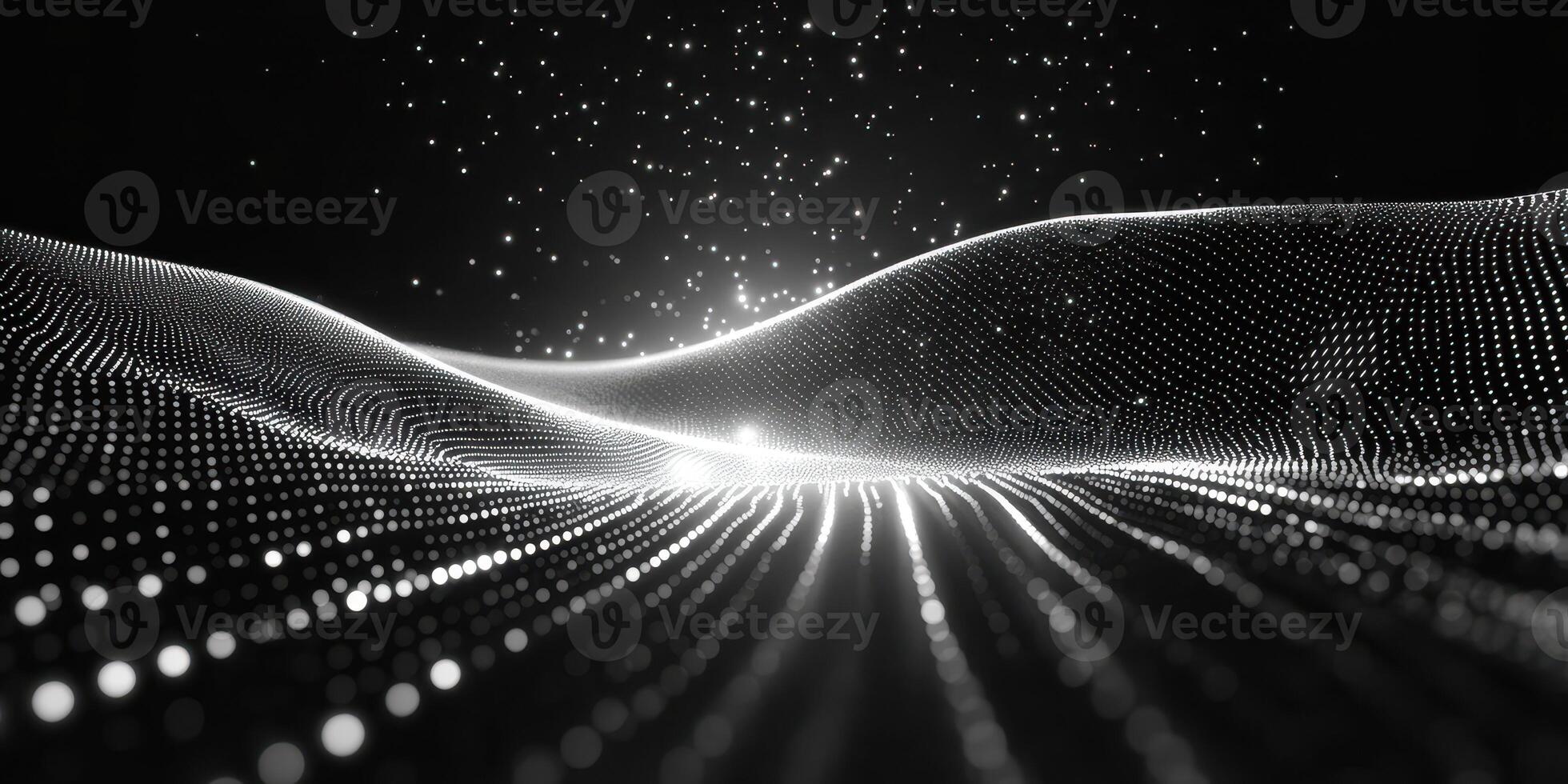 Abstract representation of a dynamic landscape created through waves of light and dark particles in a mesmerizing design photo