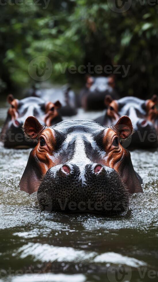 Hippos emerge from the water in a lush forest habitat during the early morning light photo