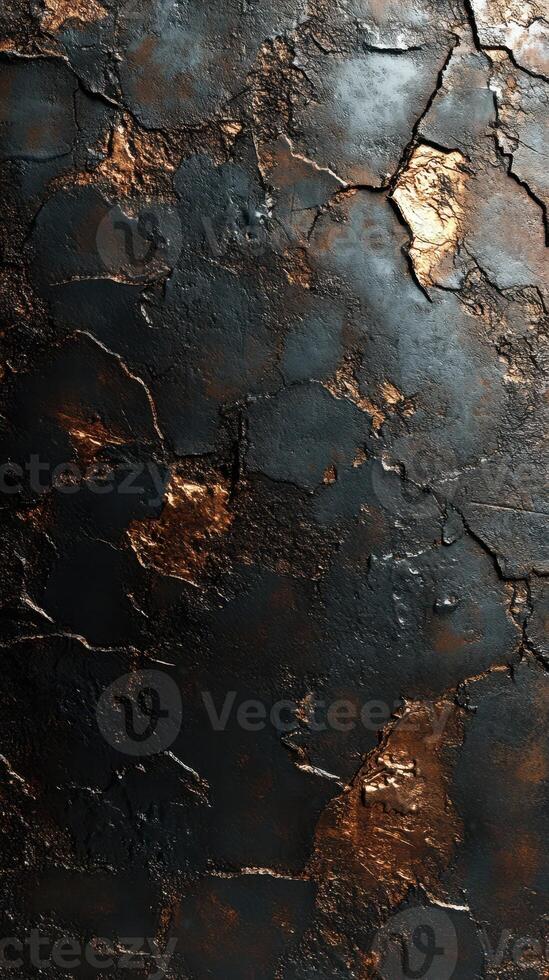 Close-up of textured surface showing dark and metallic features with cracked patterns in artistic arrangement photo
