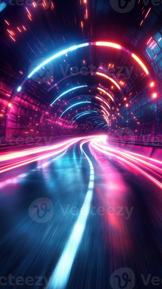 Vibrant light trails convey speed through a futuristic tunnel at night while rain speaks of a dynamic urban environment photo