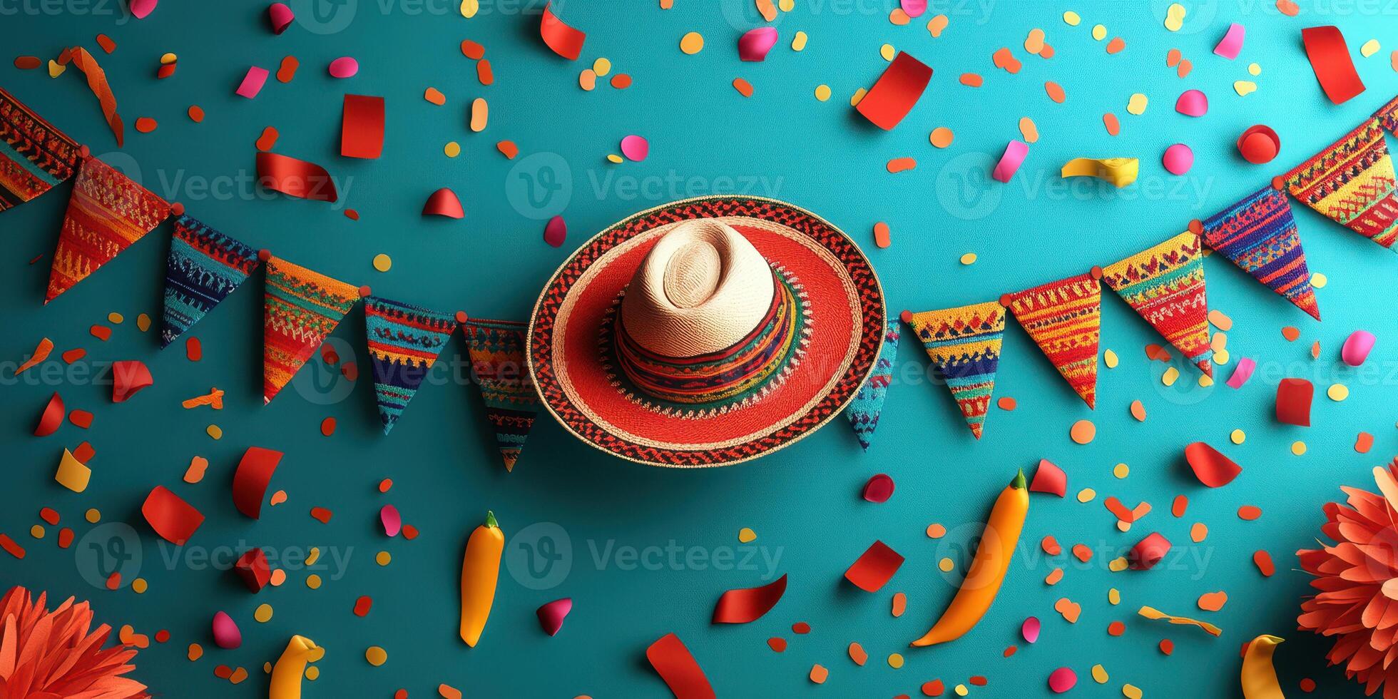 Colorful decorations and a sombrero set for a festive celebration in a bright, vibrant atmosphere during a cultural event photo