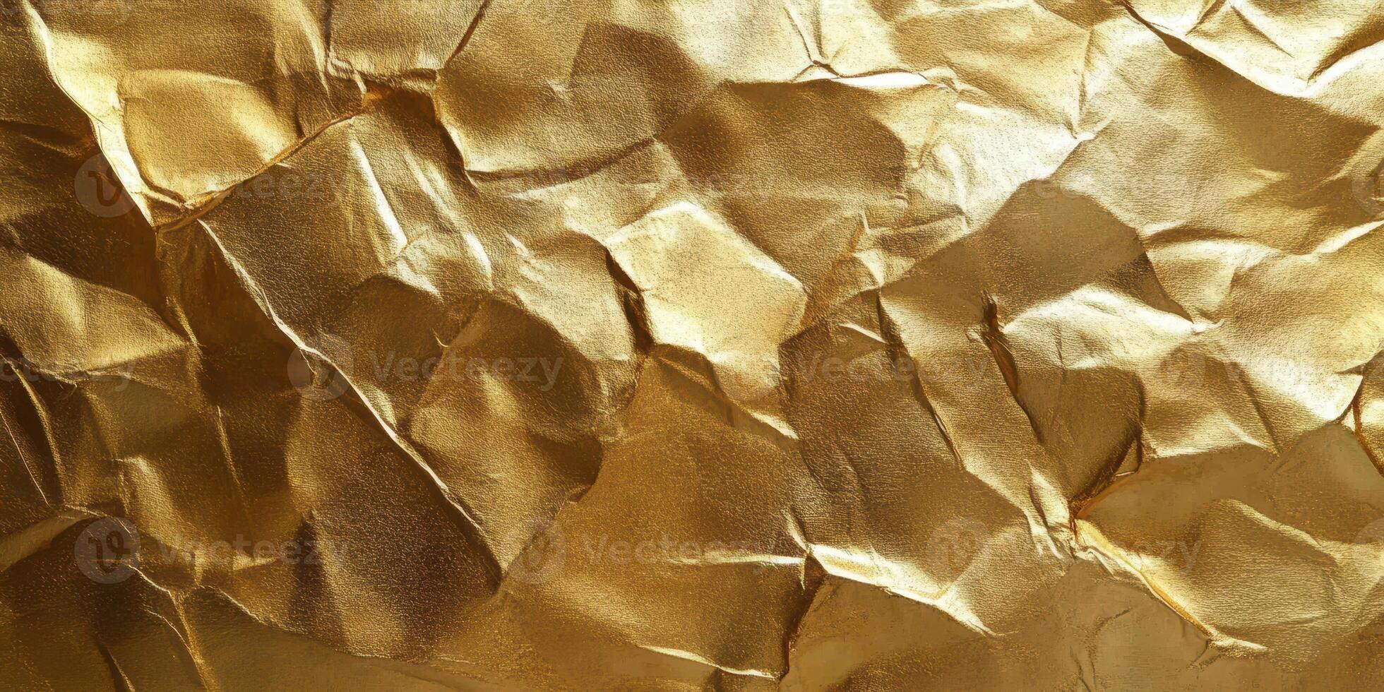 Shimmering metallic gold foil texture with crinkled surface and ripples reflecting light photo