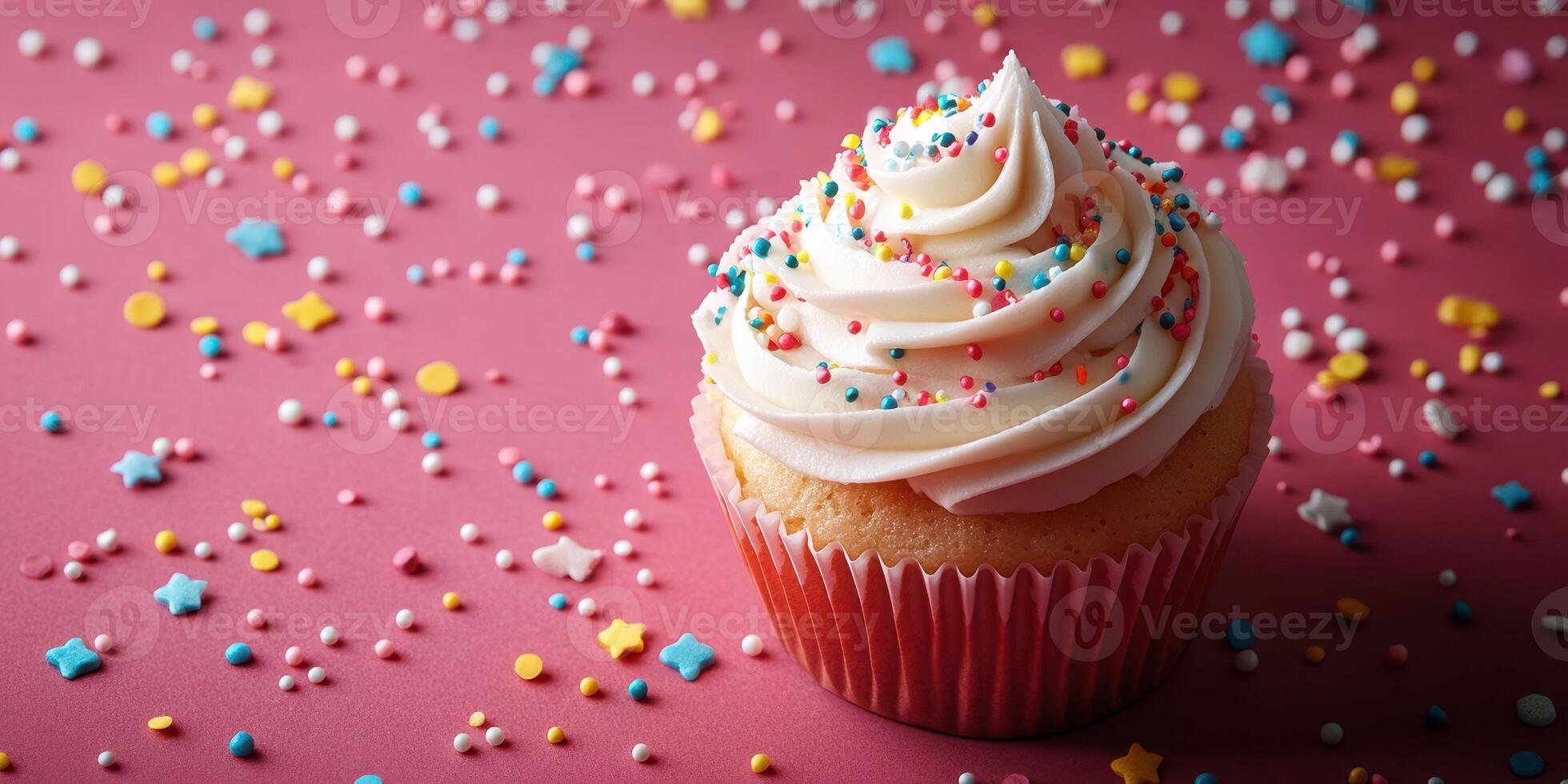 Delicious cupcake topped with frosting and colorful sprinkles on a vibrant background photo