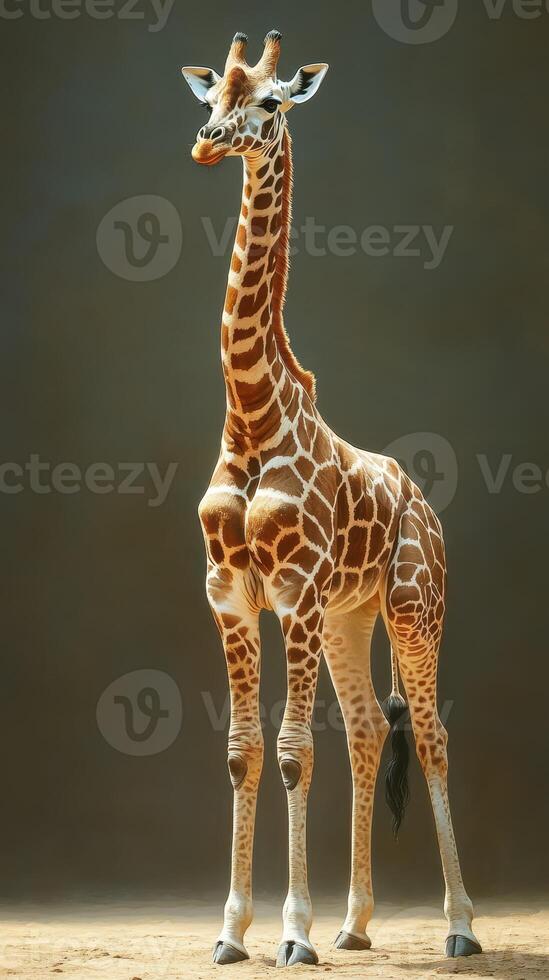 Giraffe stands gracefully in a serene environment showcasing its unique features and height during the day photo