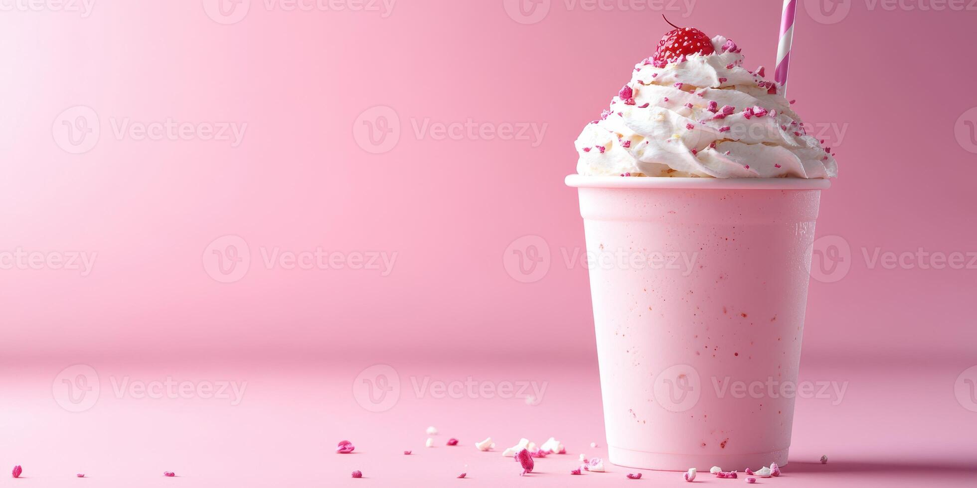 Strawberry milkshake in a pink cup topped with whipped cream and a cherry against a soft pink background photo