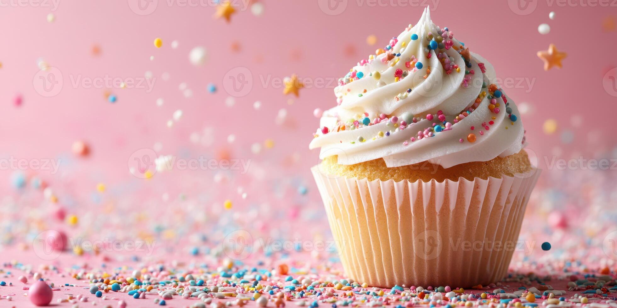 Colorful cupcake with frosting and sprinkles on pink background during celebratory event photo