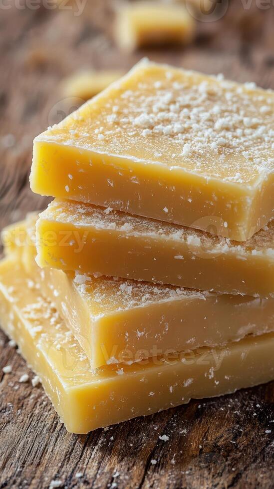 Slices of natural soap stacked on a rustic wooden surface in a warm light setting photo