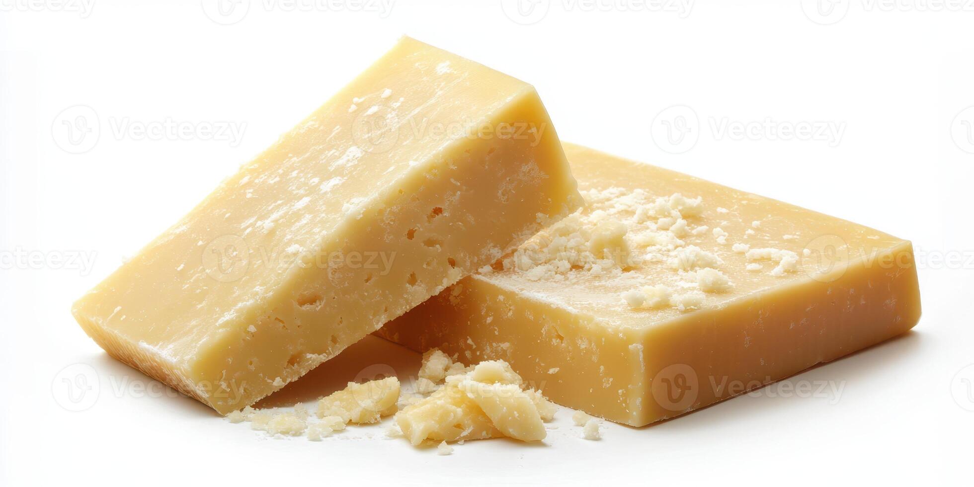 Distinctive blocks of aged cheese with crumbly texture on a plain background ready for culinary use photo