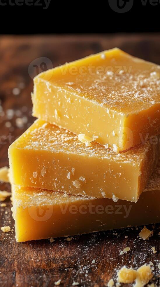 Natural handmade soap bars stacked on a wooden surface with a rustic background photo