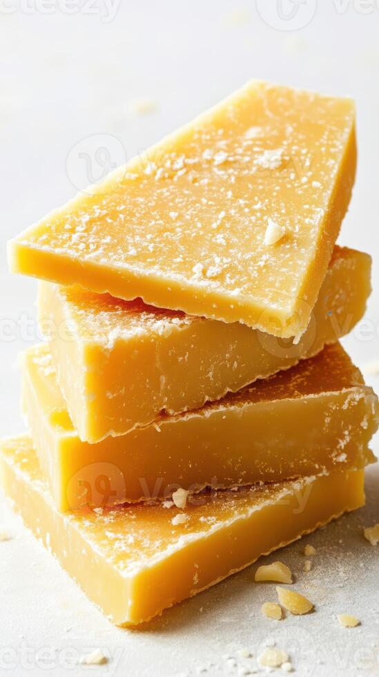 Stack of homemade yellow soap on a light surface with shavings scattered around, showcasing a rustic aesthetic and artisanal qualities photo