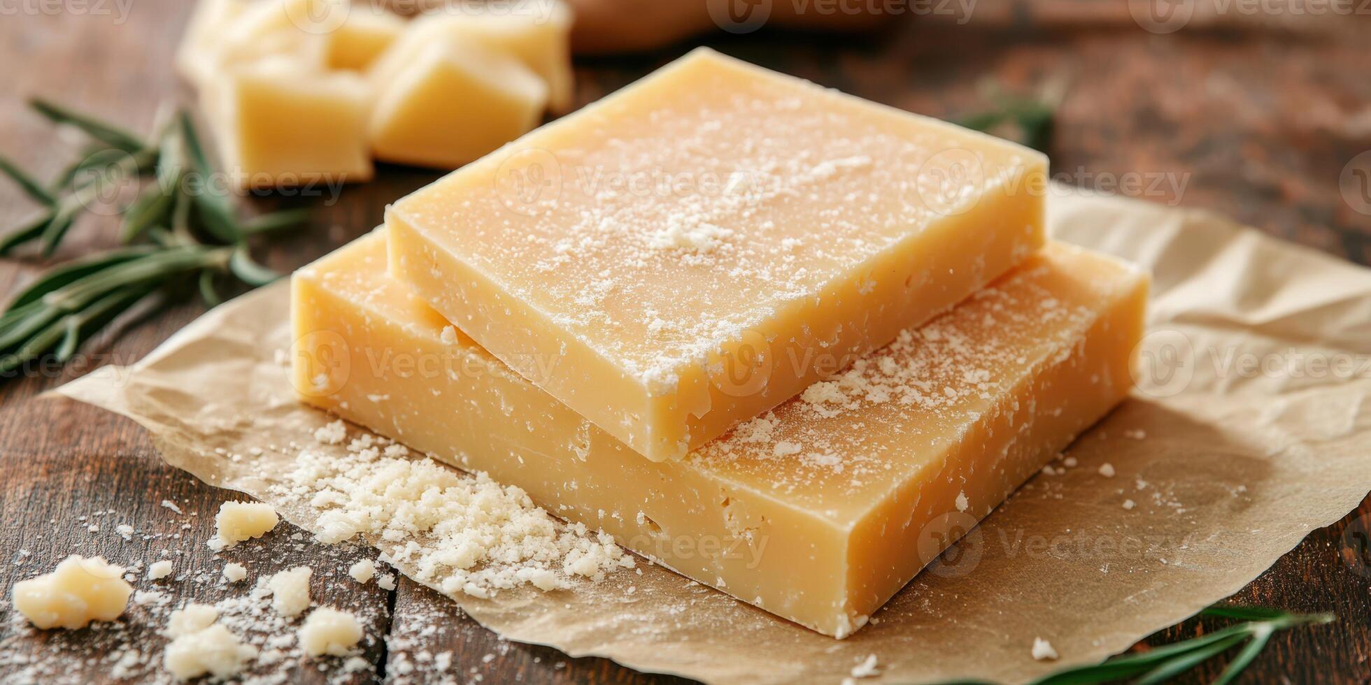 Natural handmade soap bars stacked on a rustic wooden table with scattered soap flakes photo