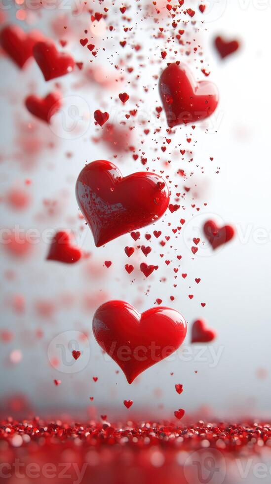 Floating red hearts create a romantic atmosphere for celebrations or special occasions during the day or evening photo