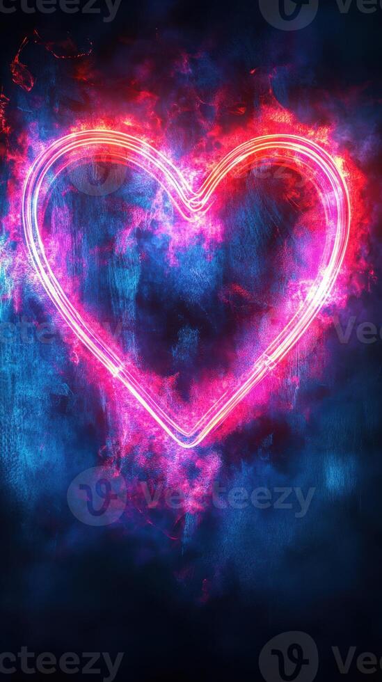 Bright neon heart shape glowing against a dark abstract smoky background in vibrant pink and blue hues photo