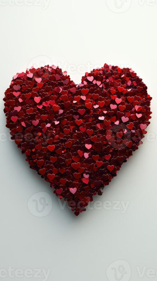 Heart-shaped arrangement of vibrant red confetti hearts creating a festive display for love-themed celebrations photo