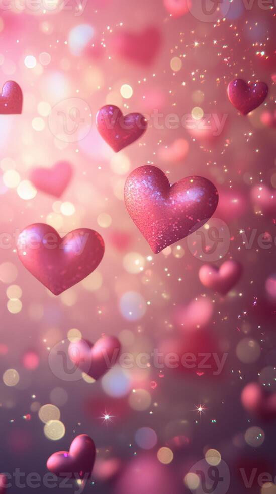 Floating hearts in a dreamy atmosphere with soft bokeh lights creating a romantic ambiance photo