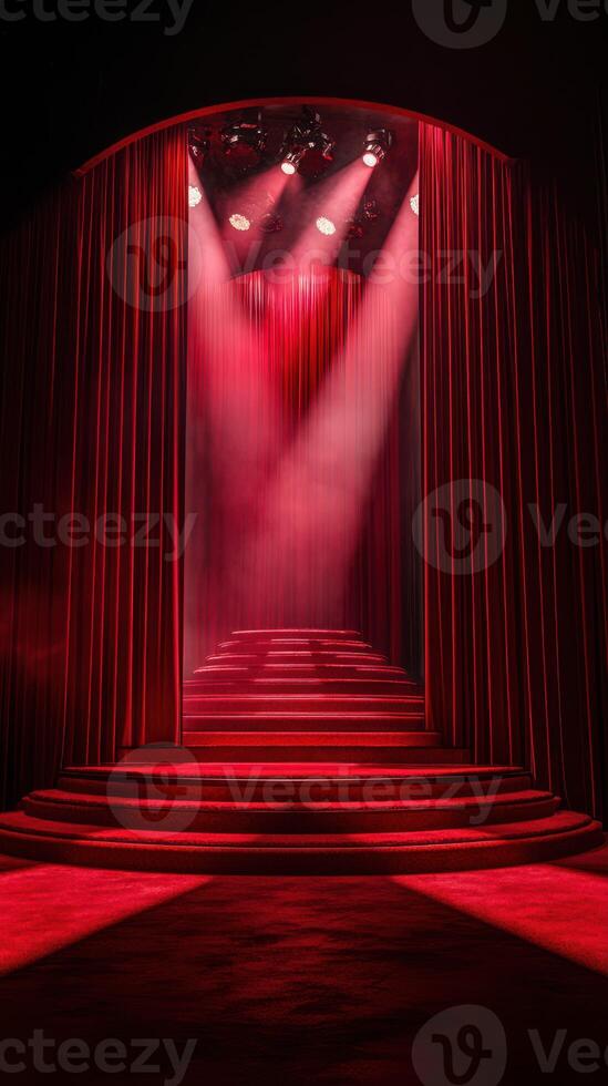 Dramatic red stage with illuminated curtains and steps inviting performers during a night event photo