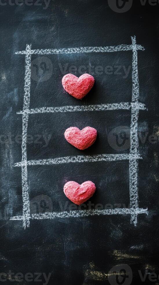 Red heart-shaped sweets arranged on a chalkboard creating a playful and romantic atmosphere photo