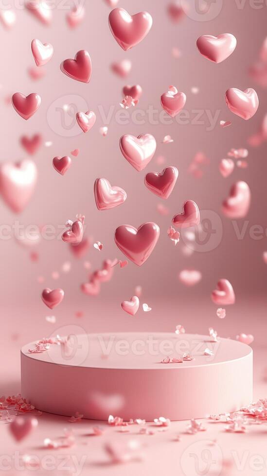 Floating pink hearts create a romantic atmosphere above a circular platform in a soft pastel setting photo