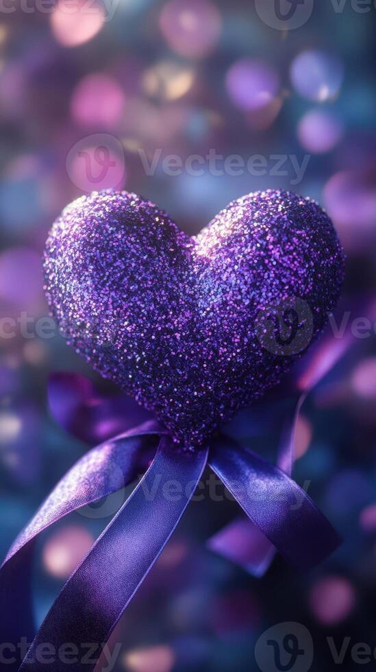 Sparkling purple heart decoration with ribbon surrounded by soft bokeh lights at a romantic event photo