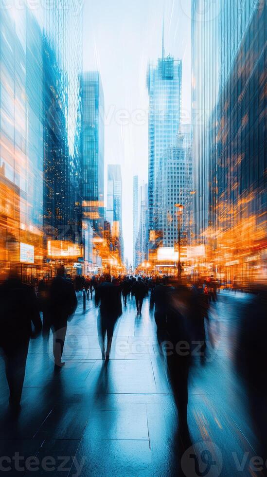City streets bustling with people surrounded by bright lights during twilight hours photo