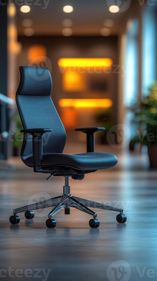 Elegant office chair positioned in a modern workspace with soft lighting, showcasing contemporary design and functionality photo