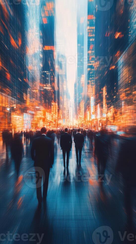 Busy city street filled with silhouettes of professionals walking in the urban landscape during twilight photo