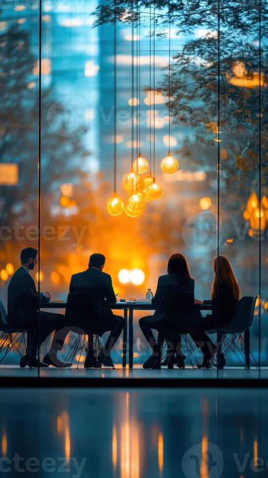 Meeting in a modern office space during sunset with four professionals discussing strategies and ideas photo