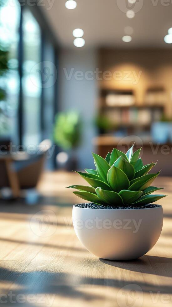 Modern indoor space featuring a vibrant succulent in a white planter during daylight photo