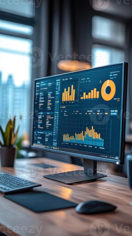 Modern workspace featuring data analytics display with graphs and charts during the day photo