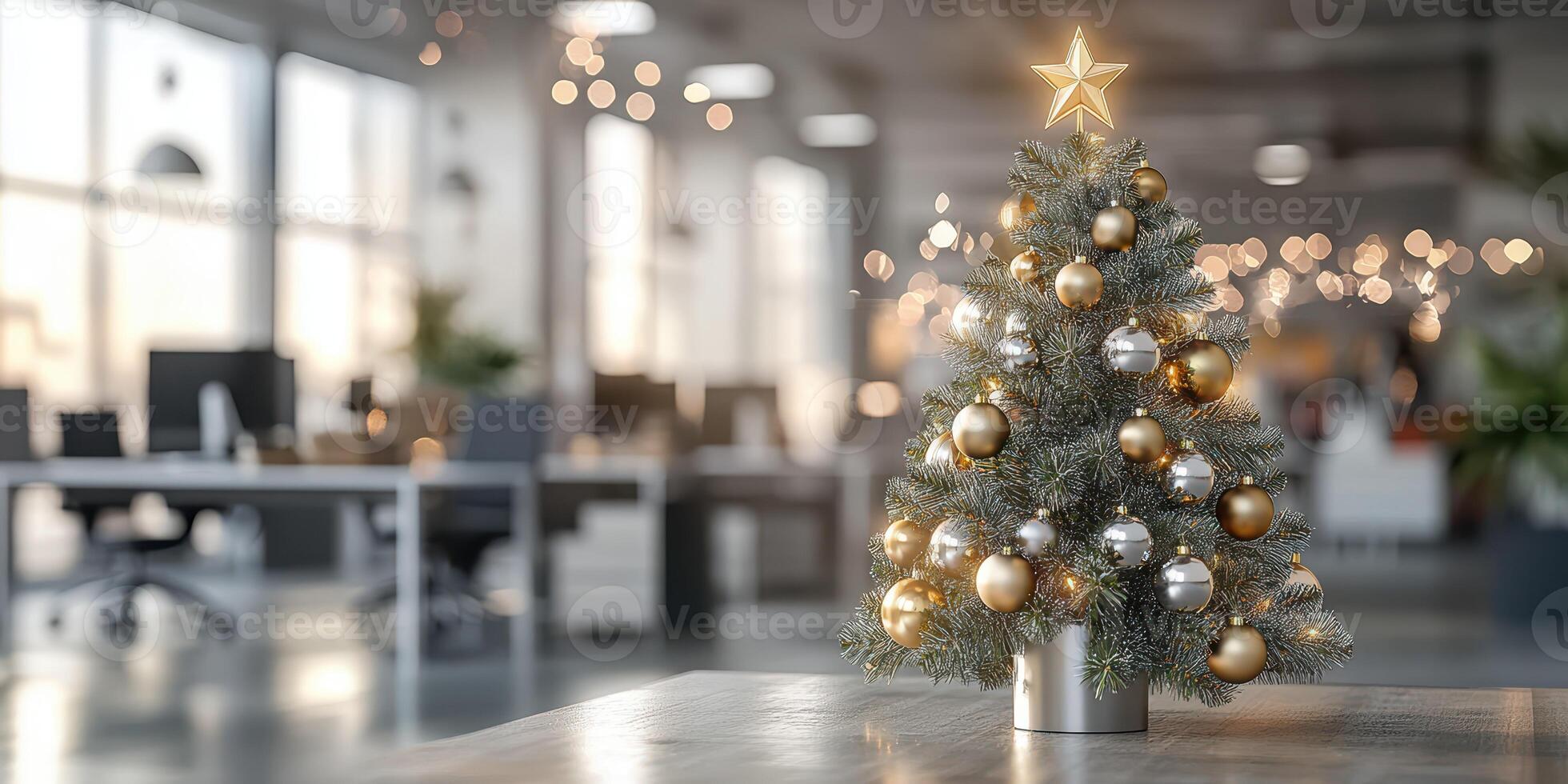 Festive Christmas tree decorated with lights and ornaments in a modern office setting during the holiday season photo