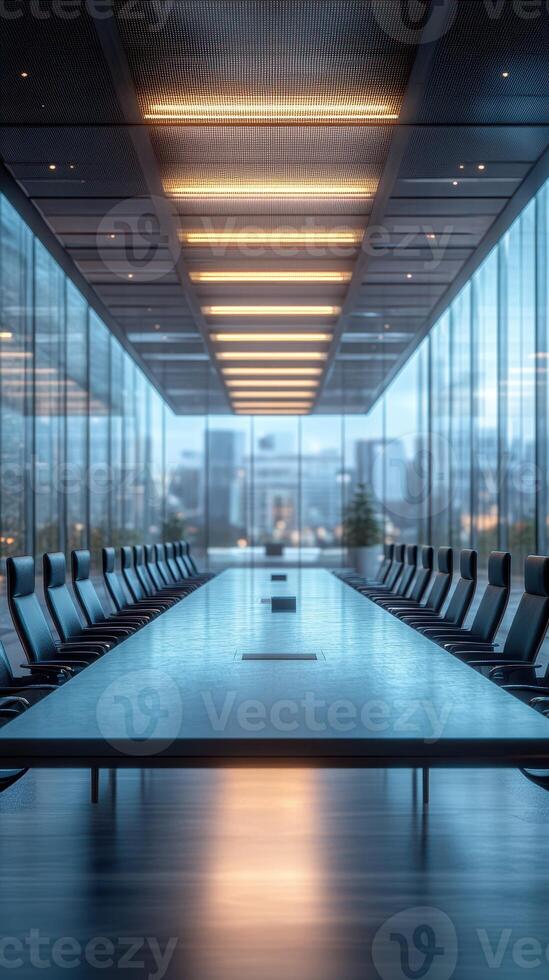 Modern conference room designed for high-level meetings with large glass windows and sleek furnishings in an urban setting photo
