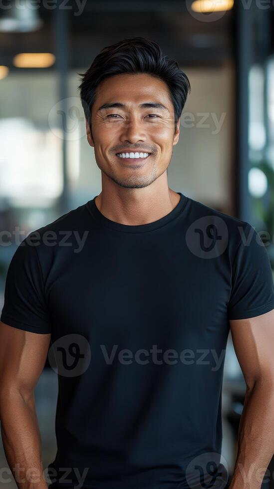 Smiling man in casual black shirt at modern office environment during daytime photo