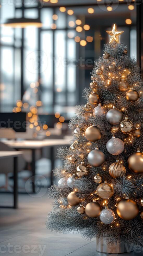 Elegant Christmas tree adorned with golden ornaments and lights in a modern office setting during the holiday season photo