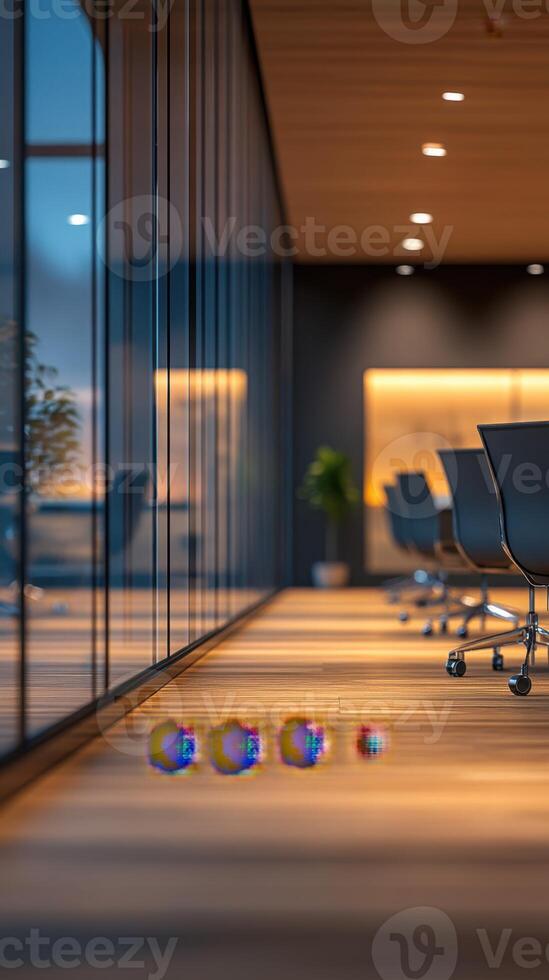 Modern office interior with glass walls and wooden flooring during evening hours photo