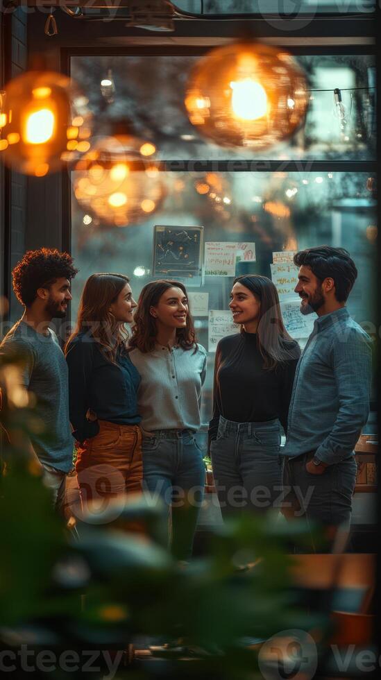 Group of friends enjoying conversation in a cozy cafe during the evening in an urban setting photo