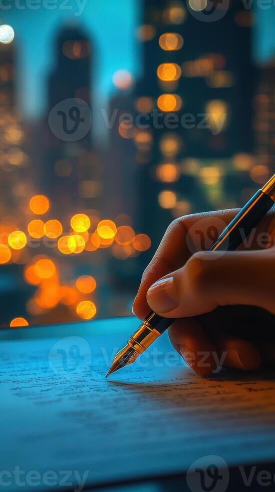 Writing notes with a fountain pen at dusk overlooking a city skyline filled with glowing lights photo